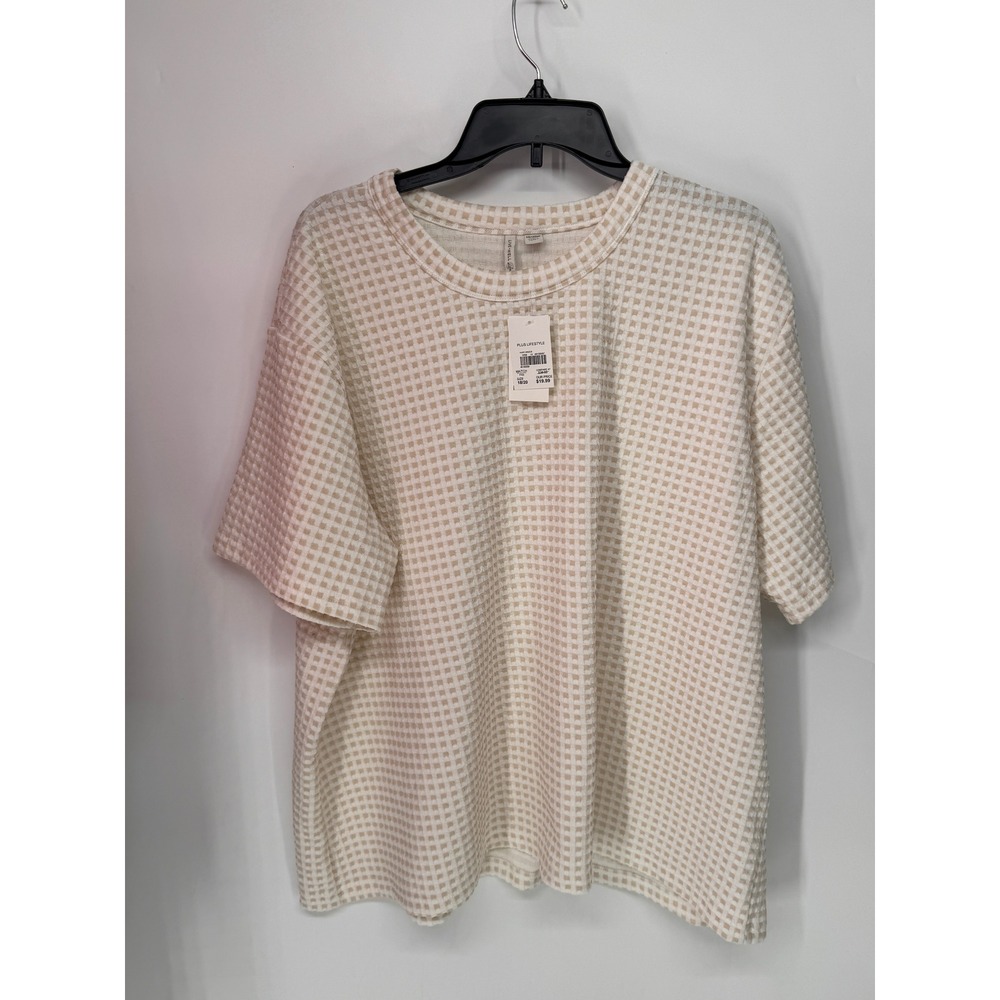 Cato Top Women 18/20 Ivory NWT Waffle Knit Checkered Short Sleeve Soft Stretch